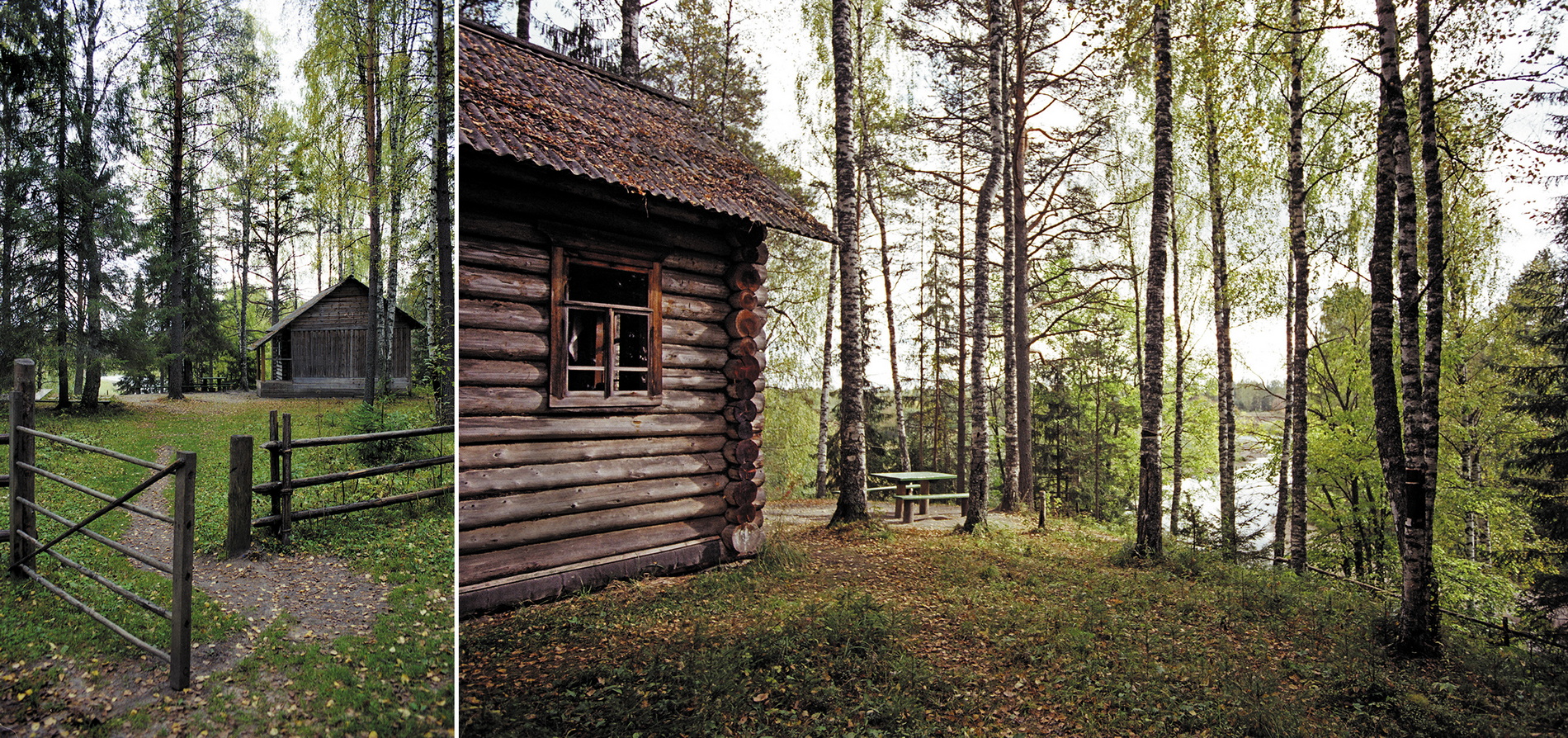 Фото слева. Охотничья избушка Яшина на Бобришном Угоре. 2004. Фото: Андрей Кошелев. Фото справа. Вид на реку Юг с Бобришного Угора. 2004. Фото: Андрей Кошелев