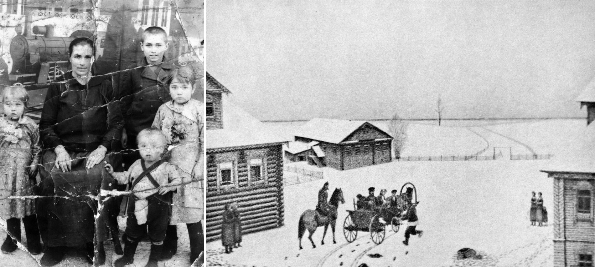 Фото слева. Урова Анна Григорьевна и её дети: Николай (1918 г. р.), Мария (1923 г. р.), Валентина (1925 г. р.) и Александр (1928 г. р.). 1930. Фото из фондов музея «Журавли» Фото справа вверху. Раскулачивание. 1989. Художник: Георгий Попов